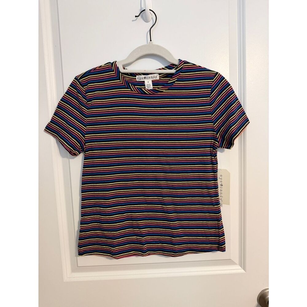 eye candy Rainbow Striped Short Sleeve Tee - Black Base with Multi Colors
